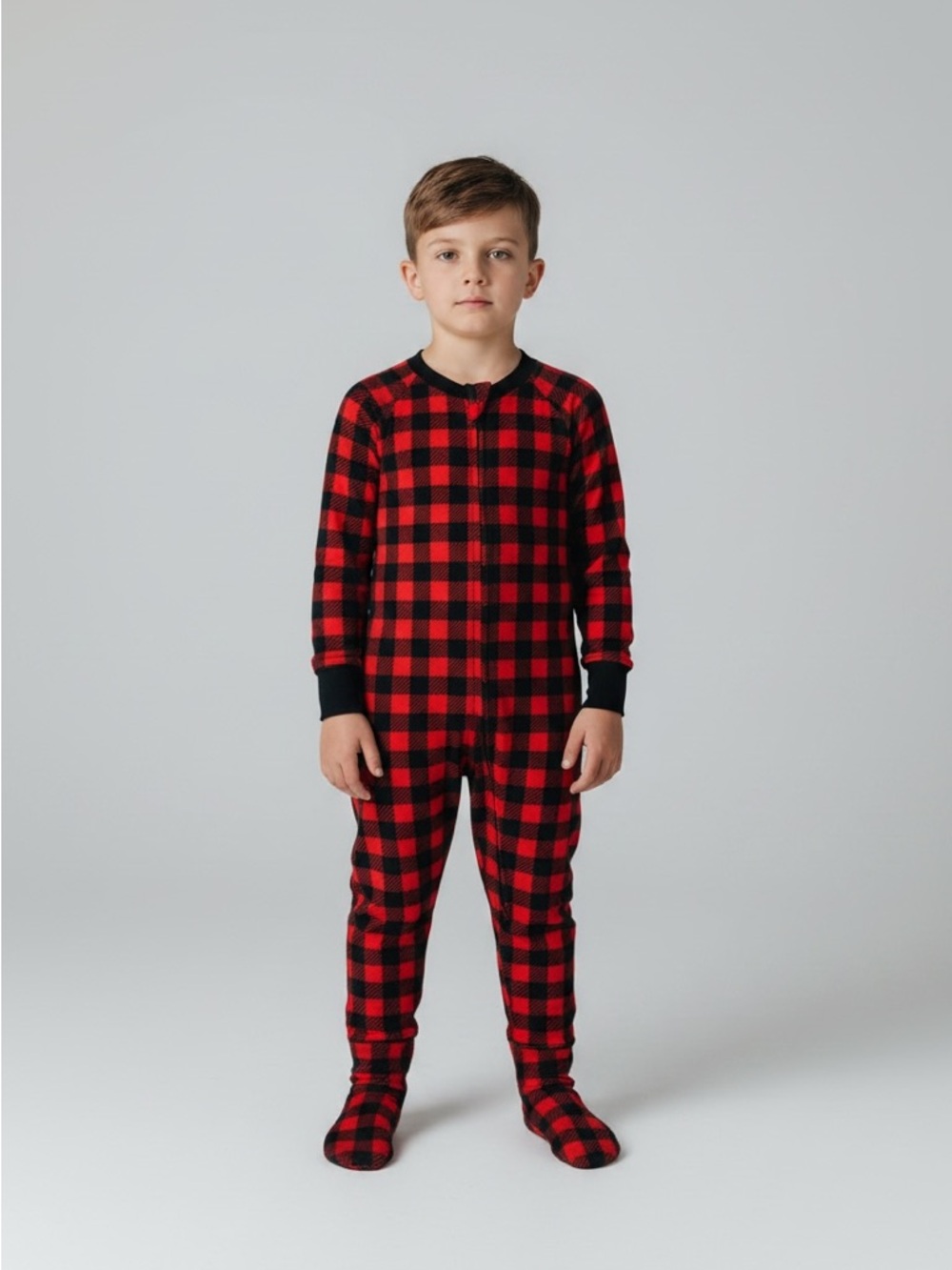 Mon Petit polyester Red and Black Buffalo Plaid One-Piece Pajama Boys 12 M zipp